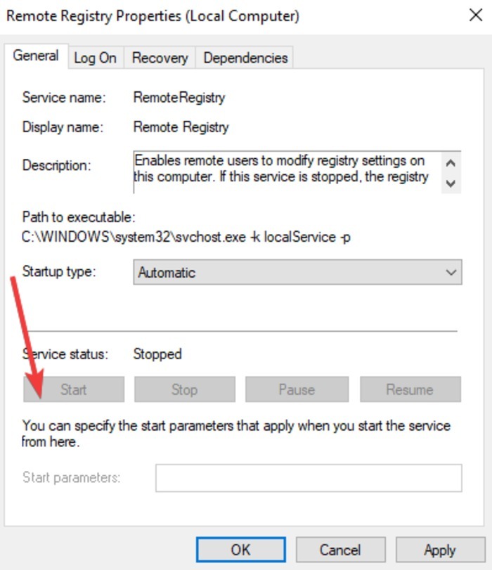 Etäsammutus Käynnistä Windows10 Pc Services -rekisterin ominaisuudet uudelleen Käynnistystyyppi Automaattinen käynnistys