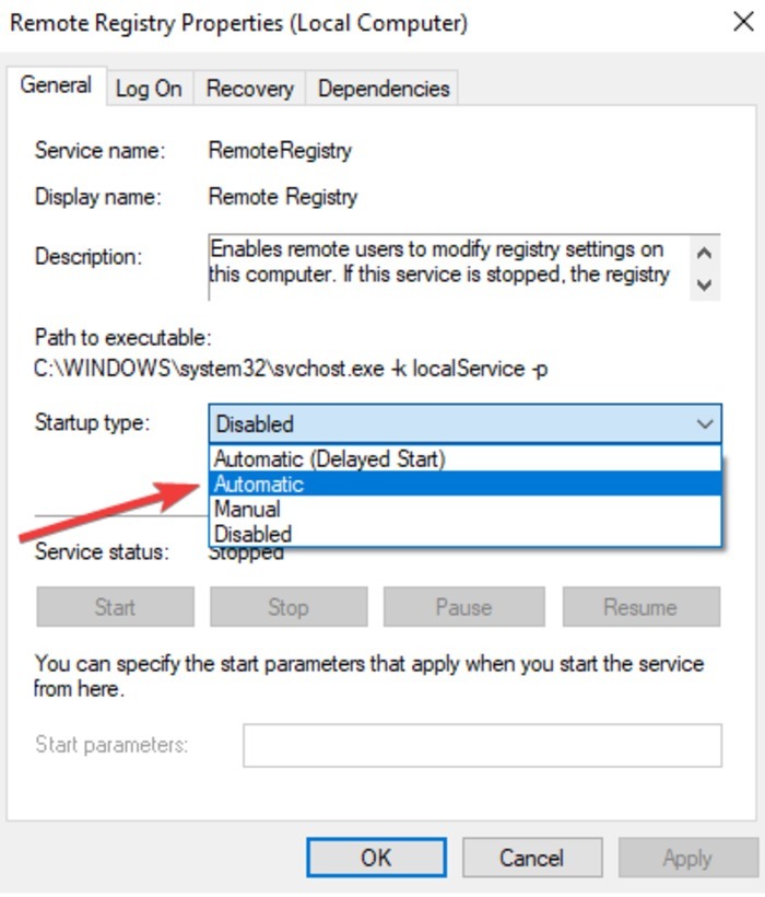 Etäsammutus Käynnistä Windows10 Pc Services -rekisterin ominaisuudet uudelleen Käynnistystyyppi Automaattinen