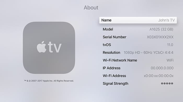 Tvos11 Apple TV -asetukset Yleistä Tietoja