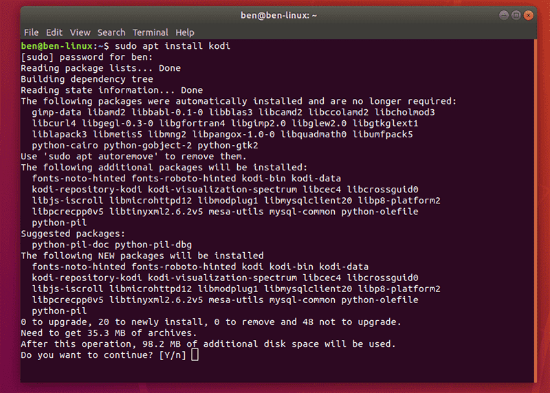 Kodi Ubuntu Installer terminalvindu
