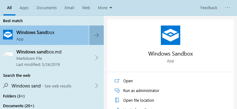 Windows Sandbox Start-menysökning