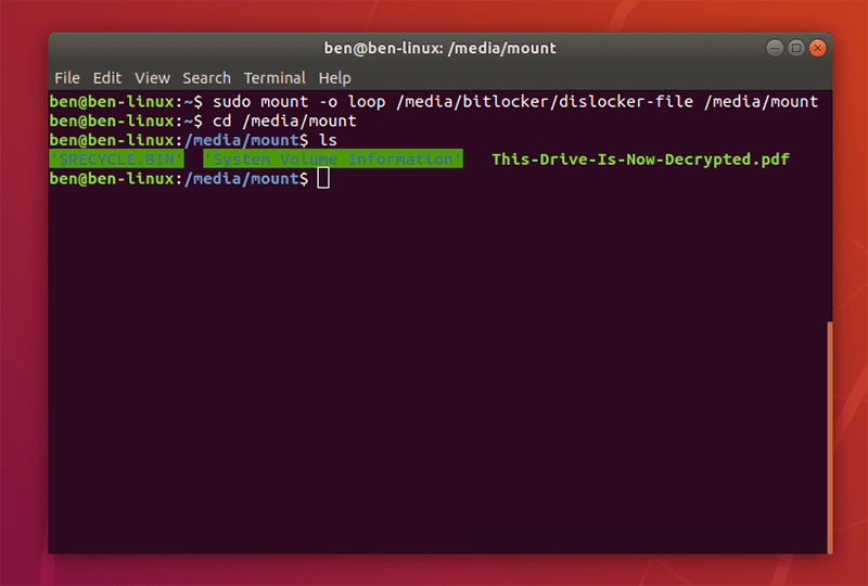 Bitlocker Linux-partition monterad och dekrypterad