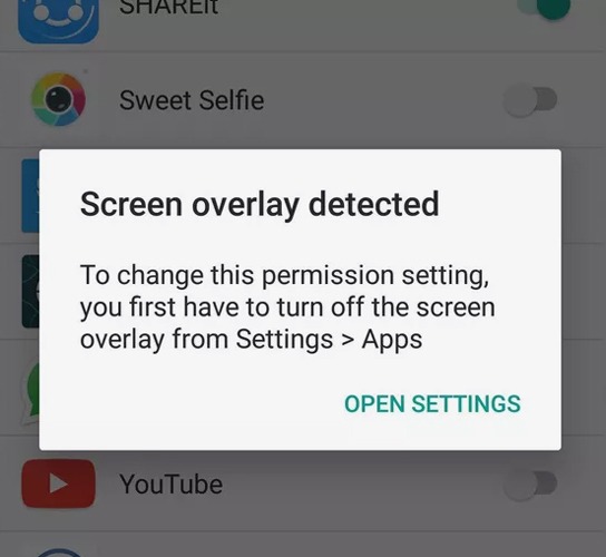 Screen Overlay Detected Error Android Open Settings