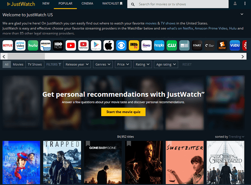 Streaming Services Tools Justwatch Frontpage