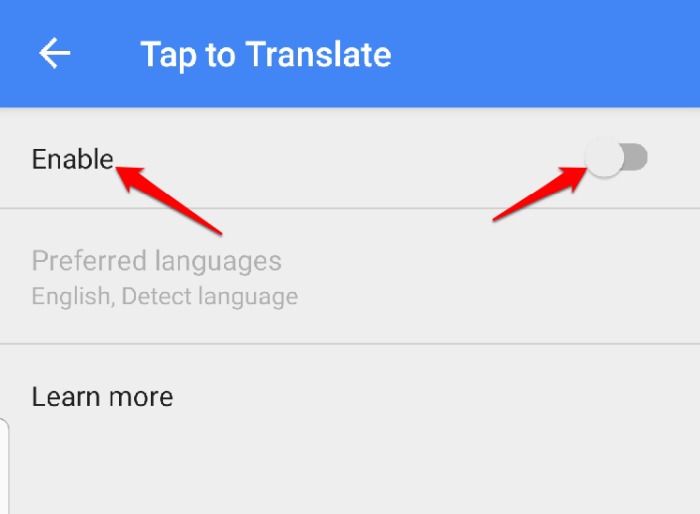 Google Translate -sovelluksen valikon asetukset Napauta Käännä Ota käyttöön
