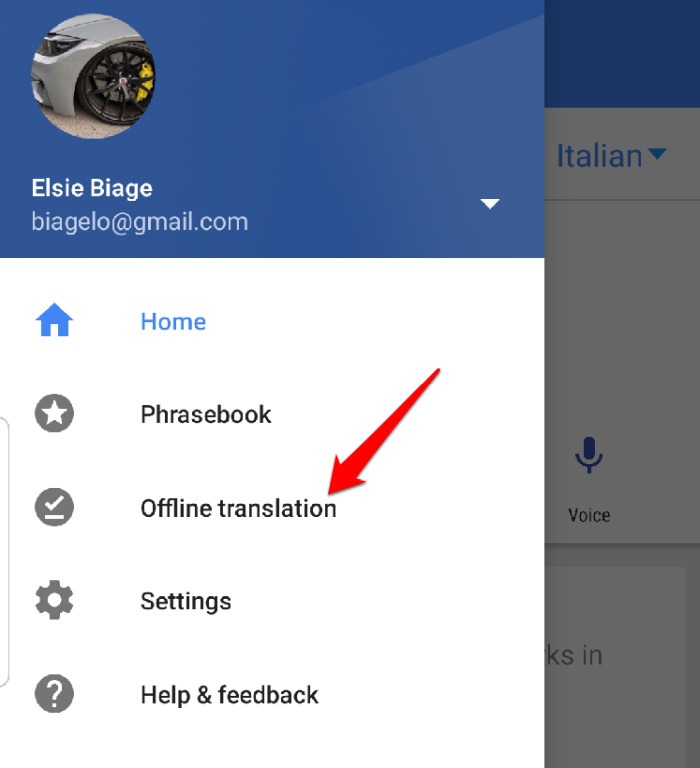 Google Translate -sovelluksen valikko Asetukset offline-käännös
