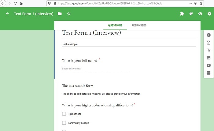 Testform opprettet Google Forms