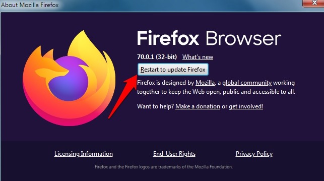 Vähennä Firefoxin muistin käyttöä -valikon ohjeita Tietoja Firefoxista Käynnistä päivitys uudelleen