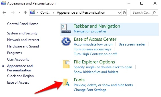 Asenna Hallitse fontteja Windows 10: n ohjauspaneelin Ulkoasun mukauttaminen fontit