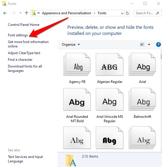 Asenna Hallitse fontteja Windows 10: n ohjauspaneelin Ulkoasun mukauttamisen fonttien asetukset