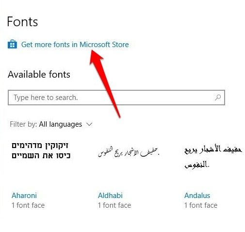 Asenna Hallitse fontteja Windows 10 -asetukset Mukauttaminen Fontit Hanki lisää fontteja Microsoft Store