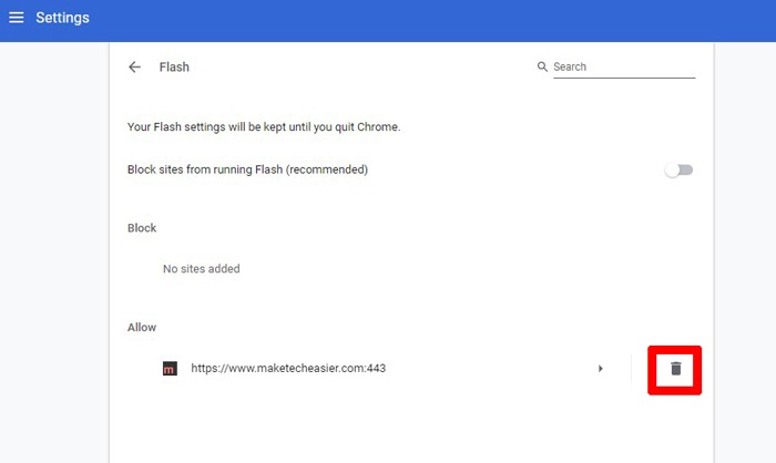 Aktiver Flash Player på Chrome Tillat blokkeringsliste