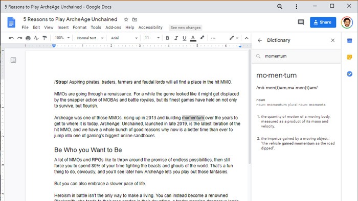 Hur man letar upp Word-definitioner Windows 10 Google Docs