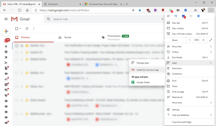 Opprett Gmail Desktop App Microsoft Edge