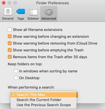 Bästa inställningar för Mac Finder Standardsökning