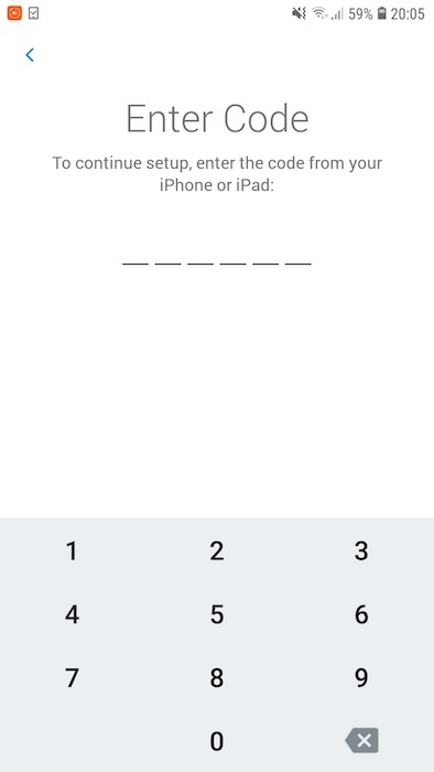 Android vil be deg om å legge inn en kode fra iOS-enheten din.