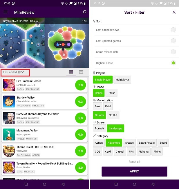 Finn nye spill på Android Minireview Filter