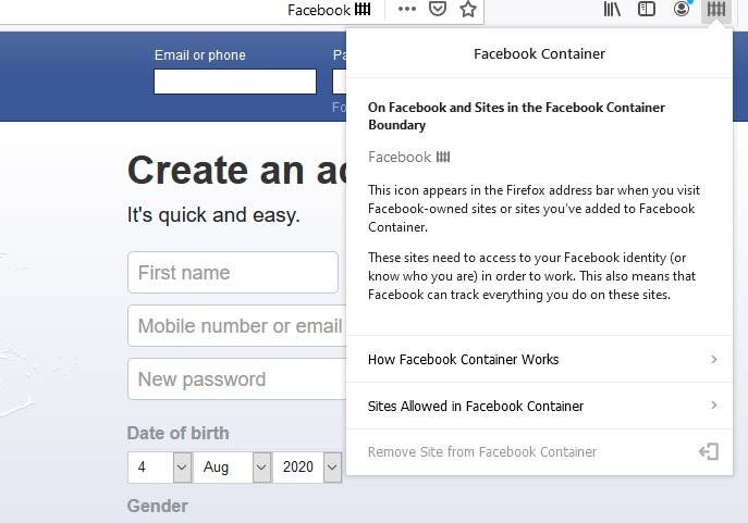 Firefoxin sosiaalisten laajennusten Facebook-säilö 1