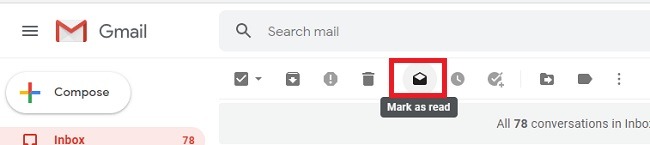 Markera alla olästa e-postmeddelanden som lästa i Gmail och ta bort dem som lästa-ikonen