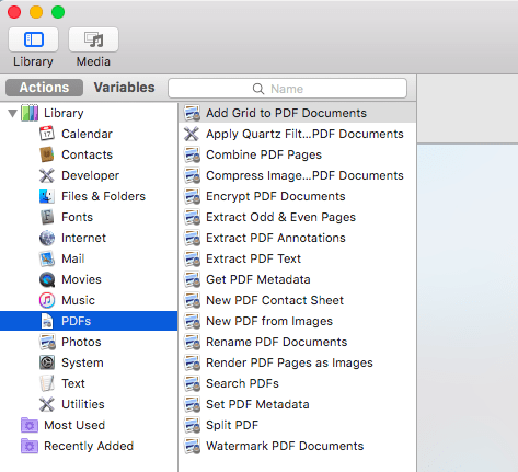 Valitse Automatorin vasemmanpuoleisesta valikosta "PDF-tiedostot" toiminta.