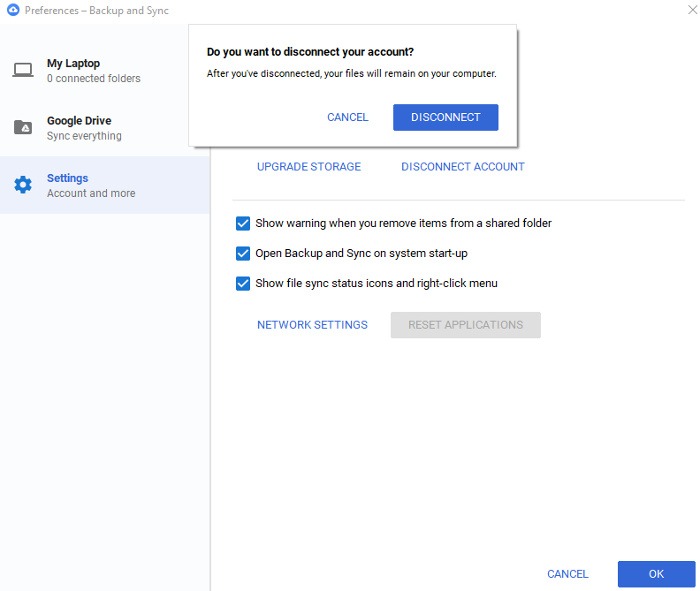 Google Drive-uppladdning fungerar inte Koppla bort konto