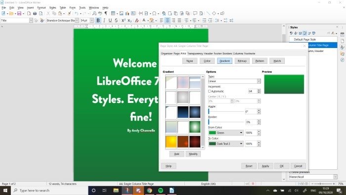 Näyttökuva LibreOffice 7 Writer -sivulta, joka näyttää muokattavan liukuvärin sivun taustalla.