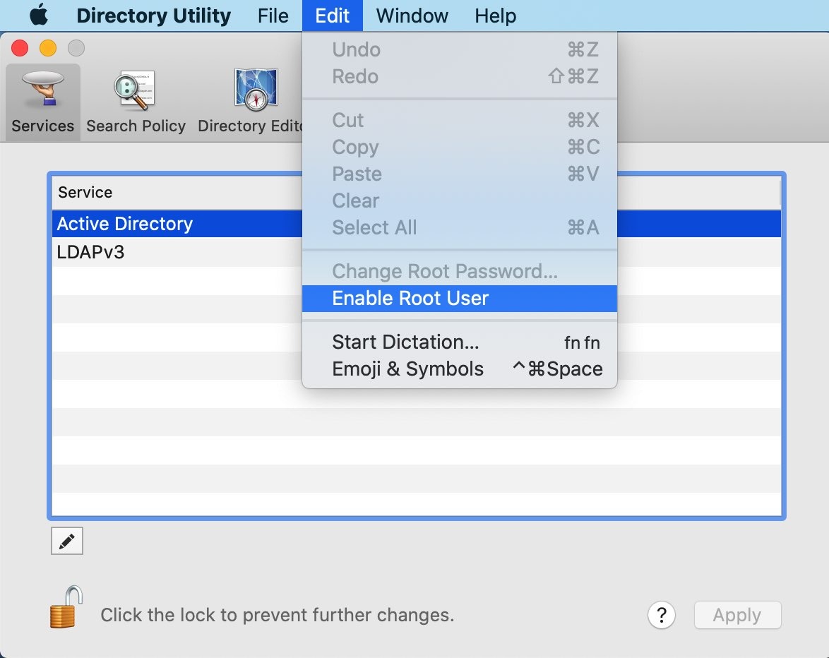 Du kan aktivere rotbrukeren, via macOS 'Directory Utility.