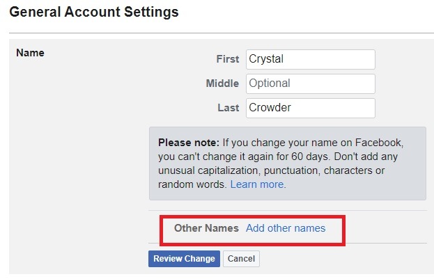 Kuinka muuttaa nimeäsi Facebookin muissa nimissä