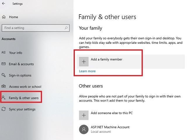 Microsoftin perheen turvaominaisuuksien määrittäminen Windows 10 -perheessä