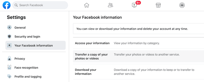 Välj "Din Facebook-information" i menyn till vänster.