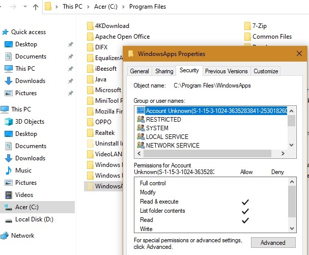 Windowsapps Folder Security Advanced