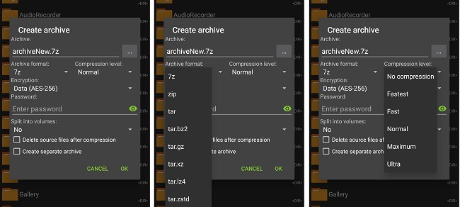 Komprimera och extrahera filer på Android med Zarchiver-alternativ