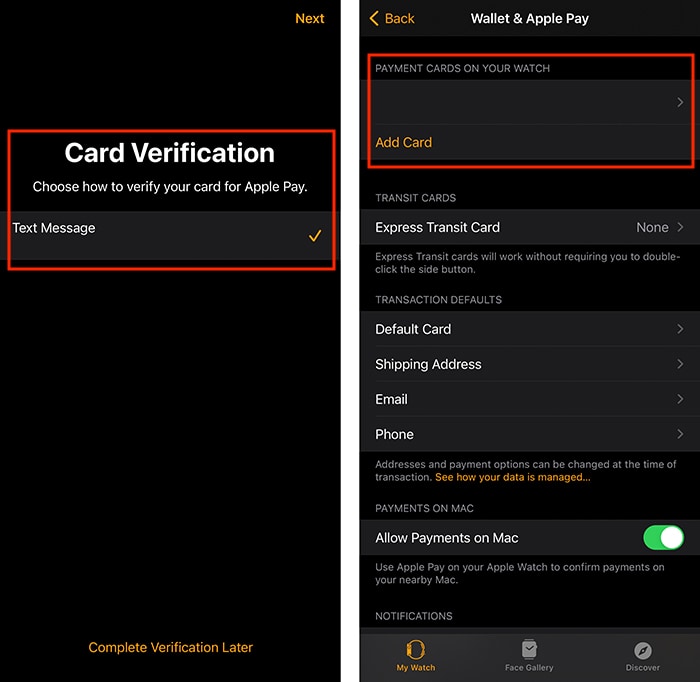 Ställ in Apple Pay Card Verification Apple Watch