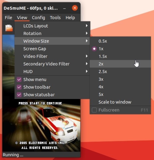 DS-spill på Linux med multiplikator for desmume-vindusstørrelse