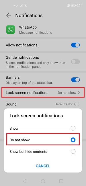 Skjul varsler Låseskjerm Huawei-spesifikk app av