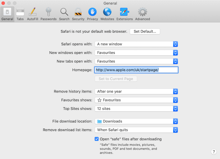 Inställningarna för Apple Safari "Allmänt".