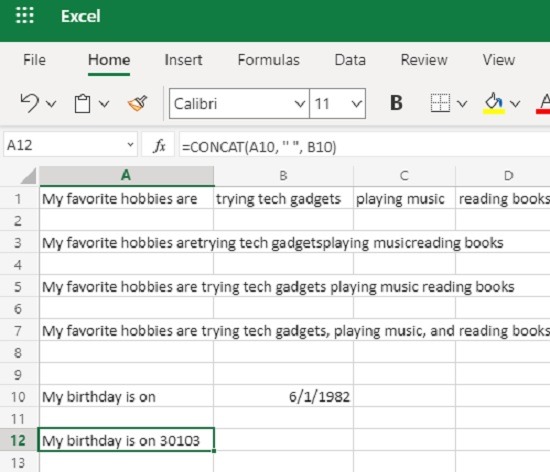 Så här använder du sammankopplingsfunktionen i Excel Datum 1
