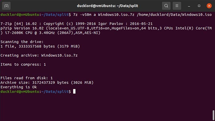 Pakkaa jaetut tiedostot Ubuntu 7z: ssä Pakkaus valmis