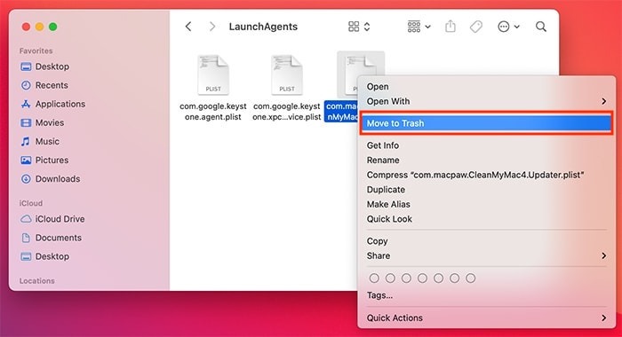 Oppstartselementer Mac Flytter fil til papirkurven