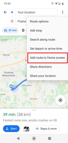 Kuinka tallentaa reitti Google Mapsiin Lisää reitti aloitusnäyttöön