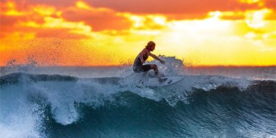 Surfare på våg i gryningen