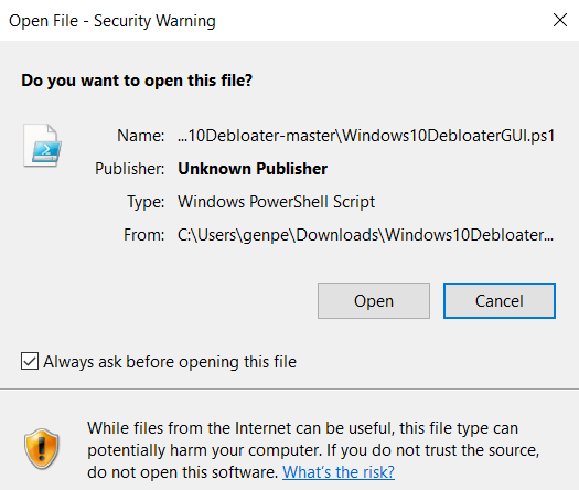 Ta bort Bloatware Windows Öppna fil