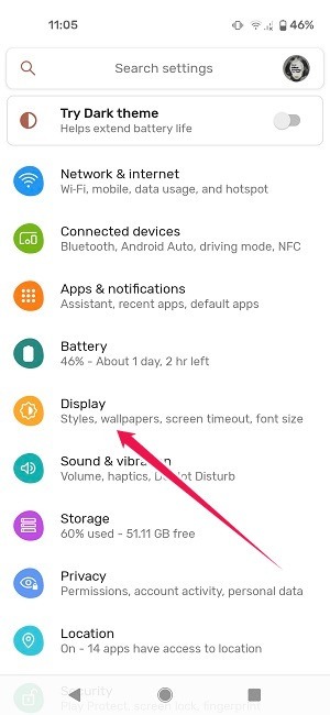 Hur man schemalägger mörkt läge Android Pixel Inställningar Display