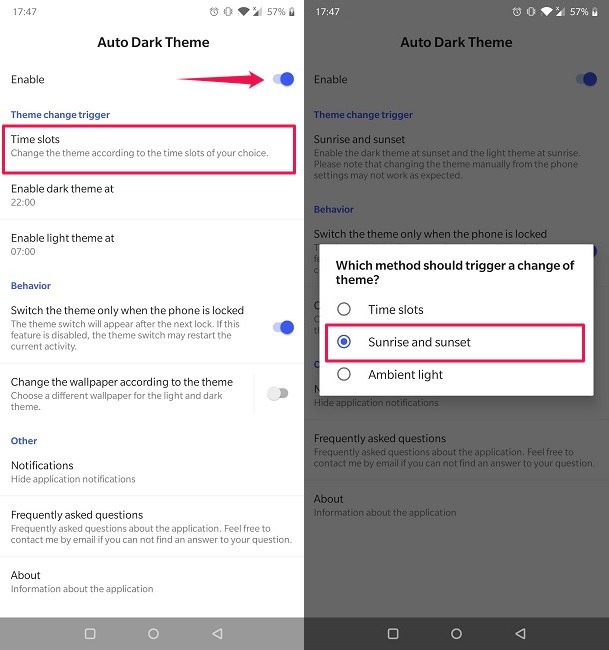 Hur man schemalägger mörkt läge Android Automatic Dark Theme App