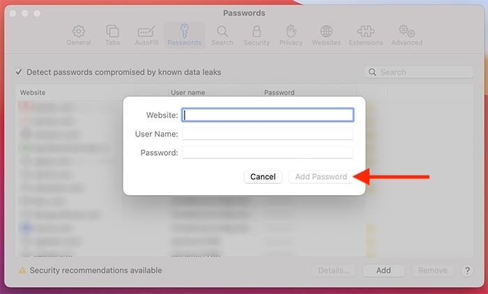 Safari View Lagrede passord Legge til nytt passord manuelt