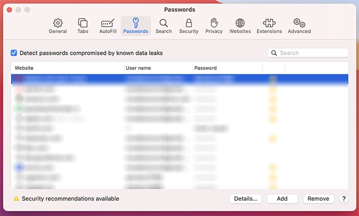 Safari View lagrede passordgrensesnitt som viser legitimasjon