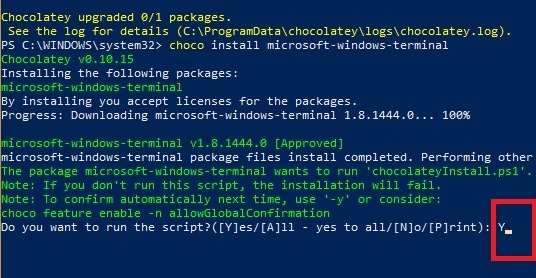 Windows-terminaali Chocolatey Windowsin terminaalin Y asentaminen
