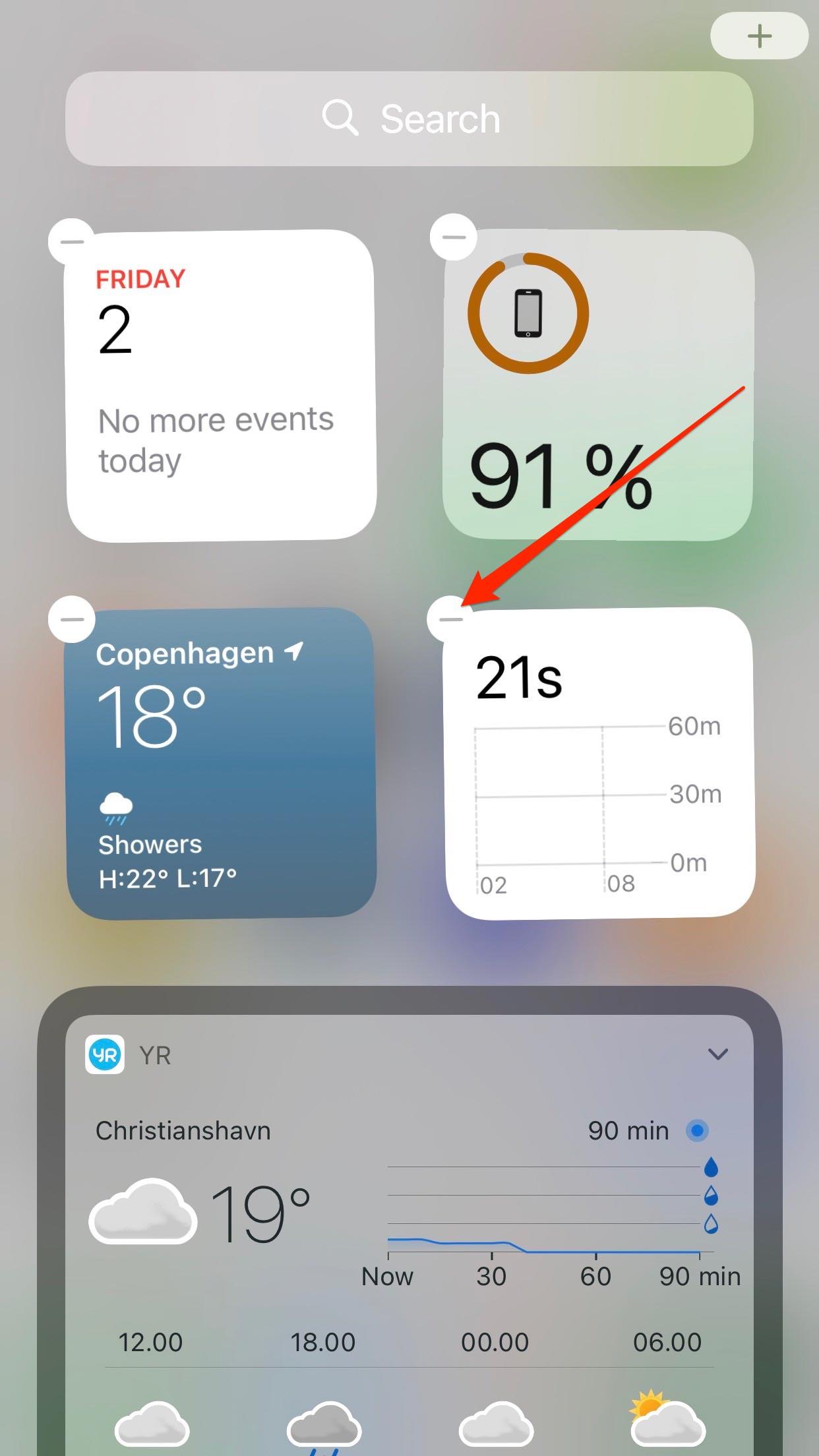 Näyttökuva, joka näyttää ravistavan iPhone-widget-näytön ja mahdollisuuden poistaa näyttöaika