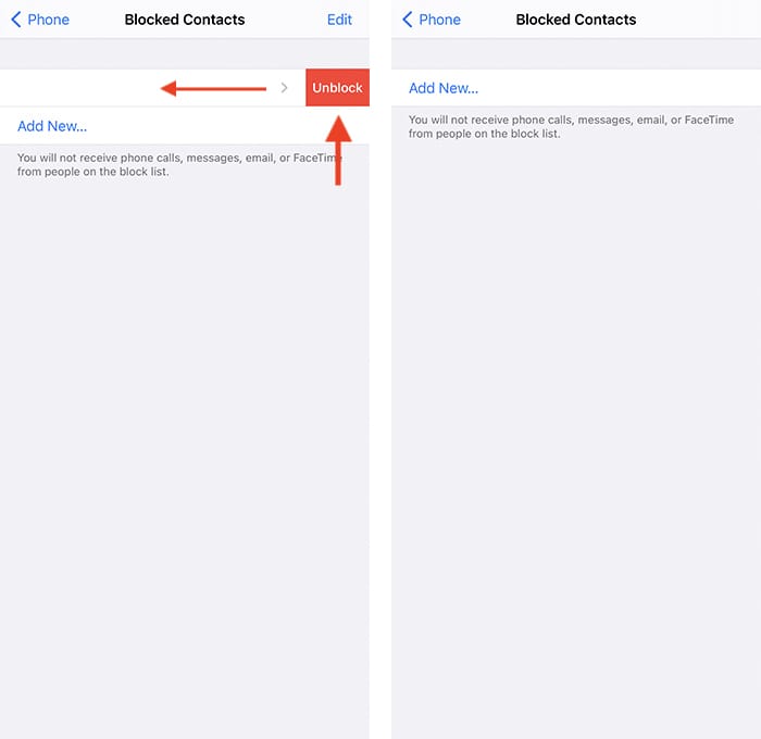Fjern blokkering av telefonnummer Iphone -innstillinger App Swiping Gest