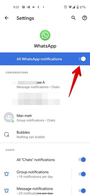 Android -varsler Slå av Whatsapp